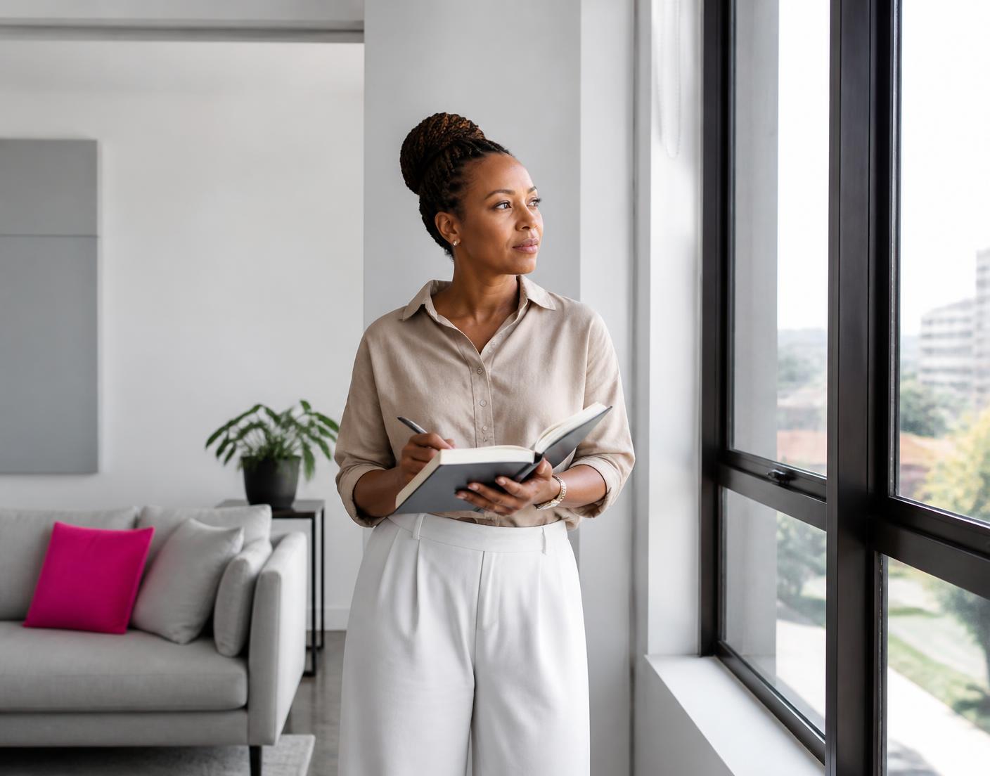 A woman reflecting with a notebook beside a bright window