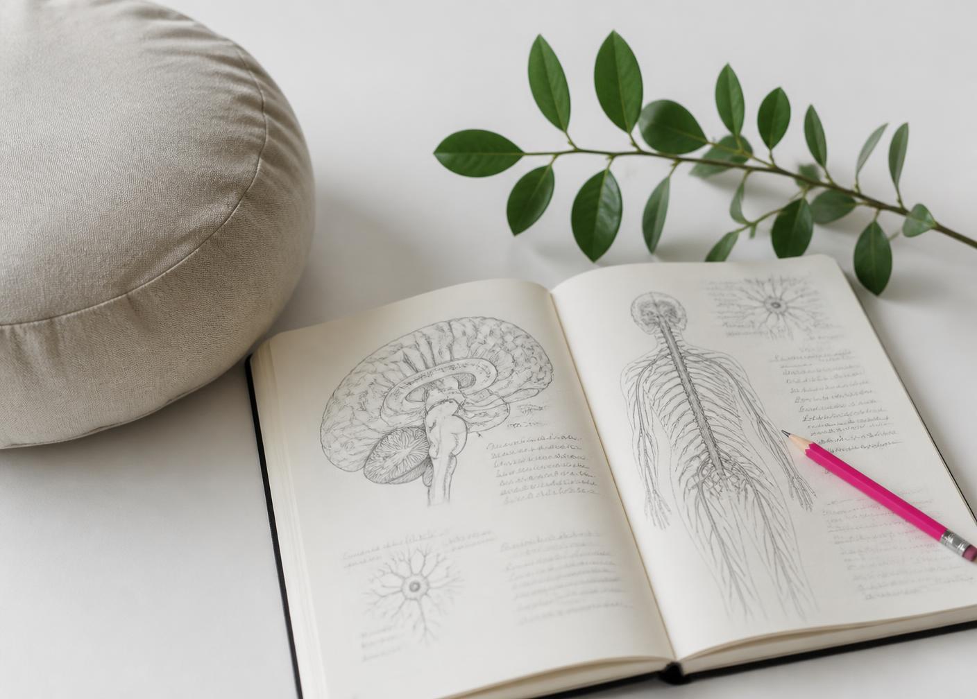 A research notebook beside a meditation cushion